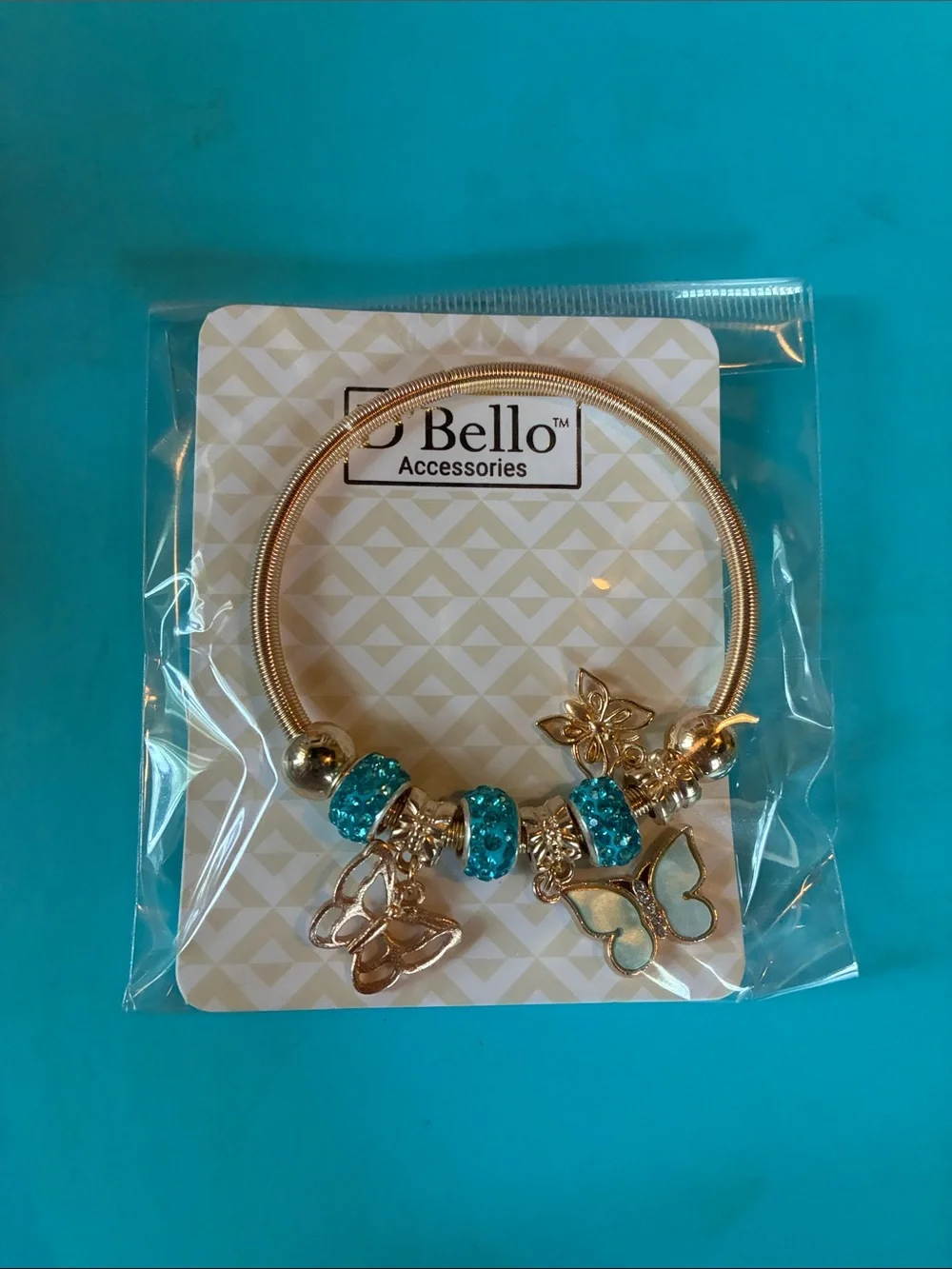 Bello Accessories Gold Bracelet with Turquoise Crystal Charms